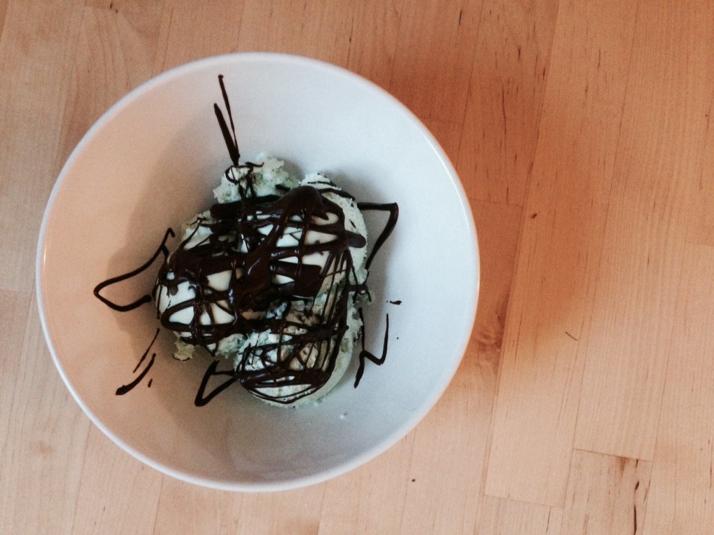 Matching homemade mint chocolate chip ice cream.