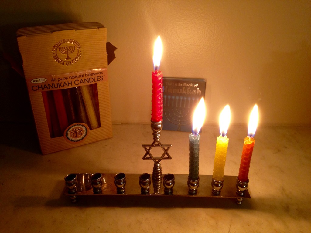 Hanukkah, night three. Spoilers: we made it through all eight nights without setting anything on fire.