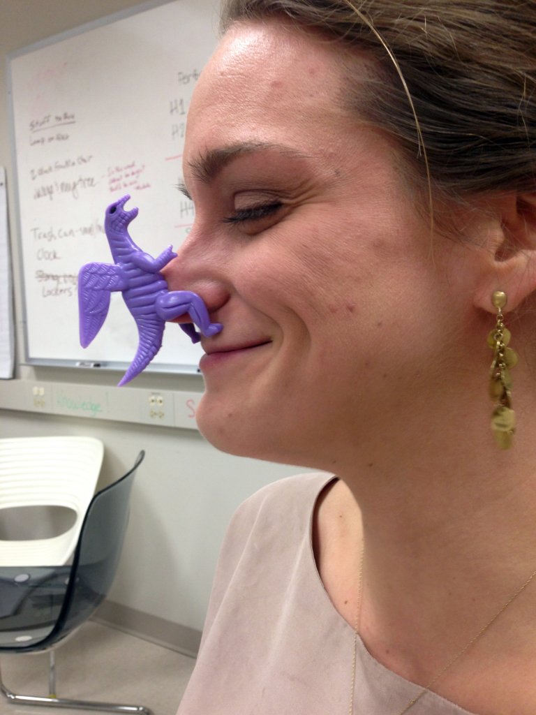 This dinosaur develops a strange attraction to Stacy's nose.