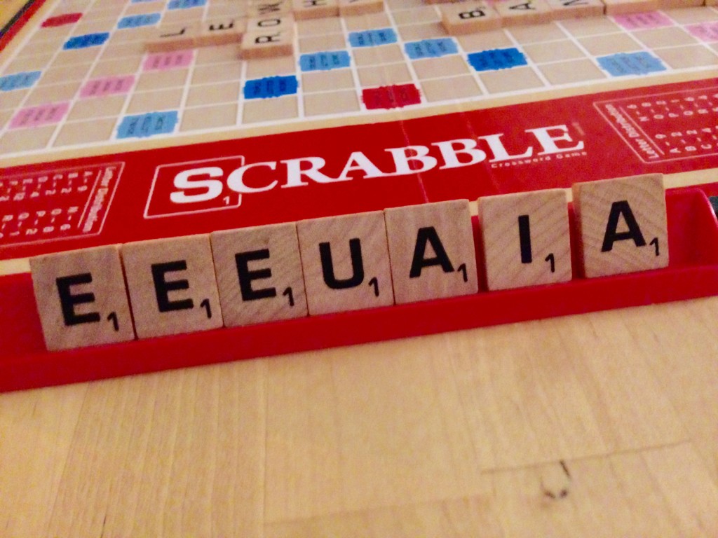 We play Scrabble together for the first time, and Serena wins... at drawing nothing but vowels.